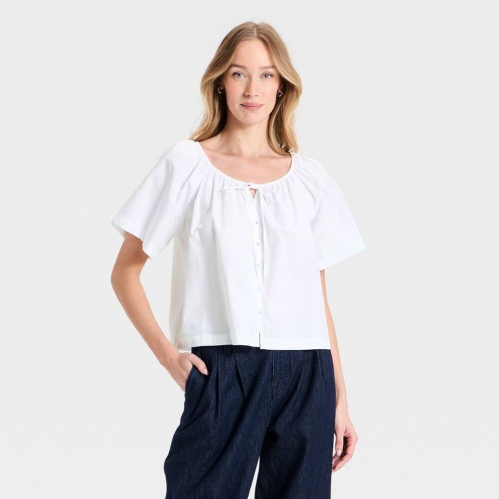 Women's Tie-Front Button-Up Top - A New Day White M